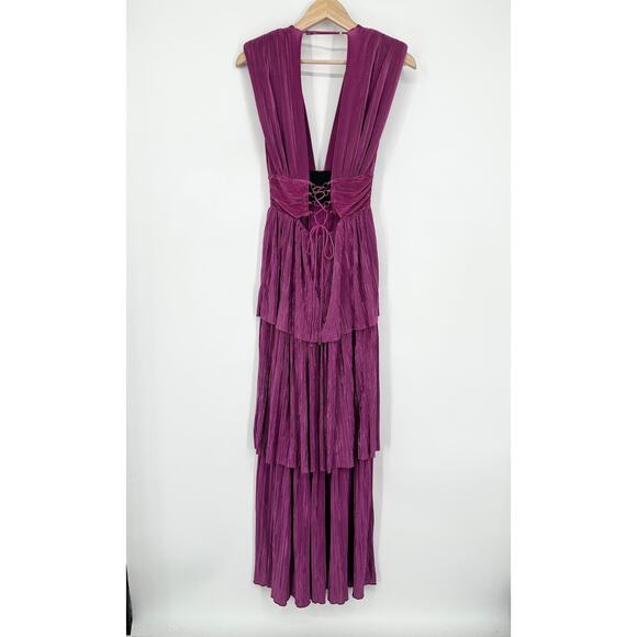 Sabina Musayev Judith Gown V-Neck Pleated Lace-Up Backless Tiered Maxi Dress - Picture 9 of 16
